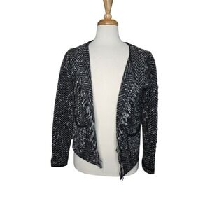 Italian Bouclé Herringbone Knit Open Cardigan XL Black White Frayed Edge